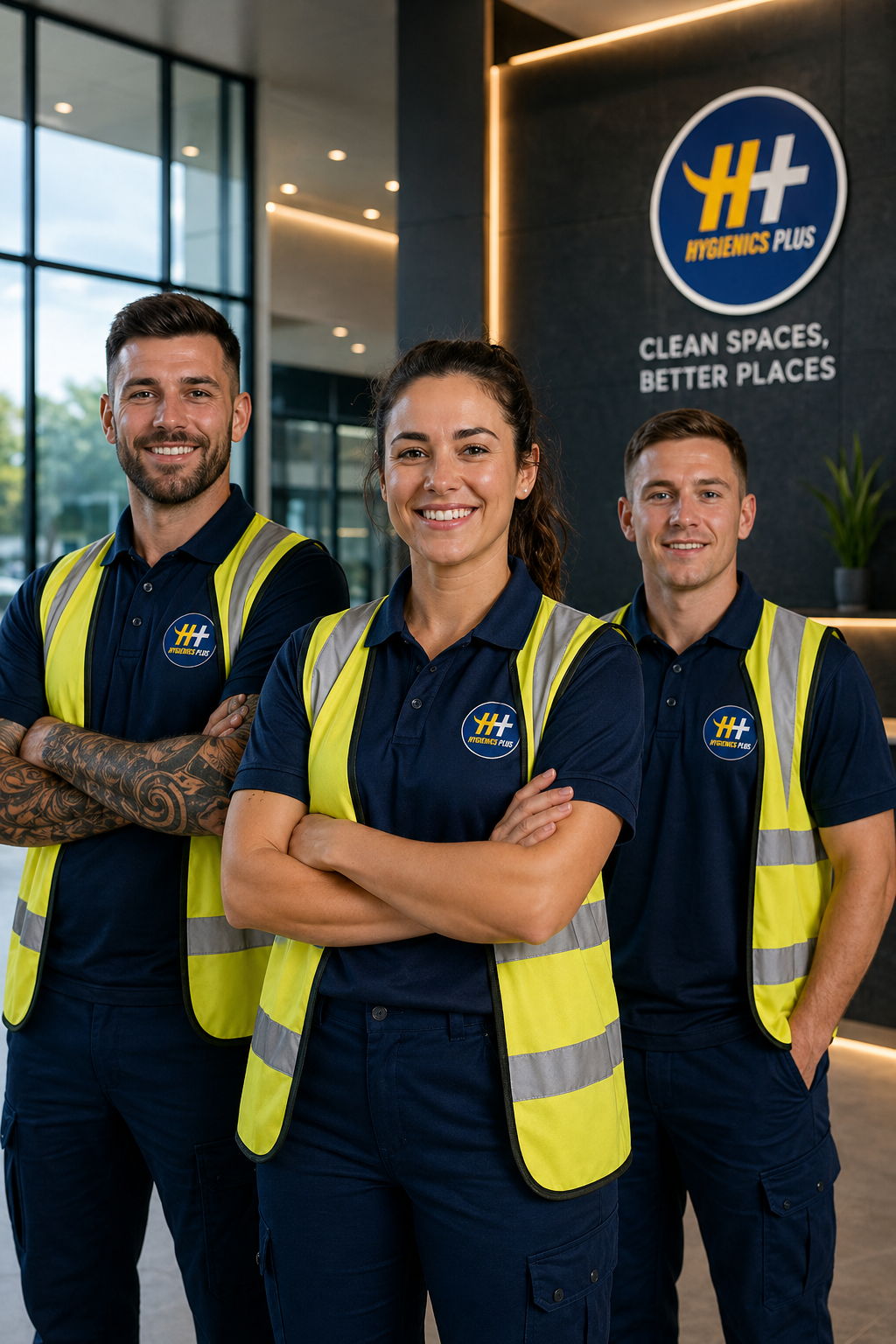 Hygienics Plus cleaning crew in branded high-visibility vests